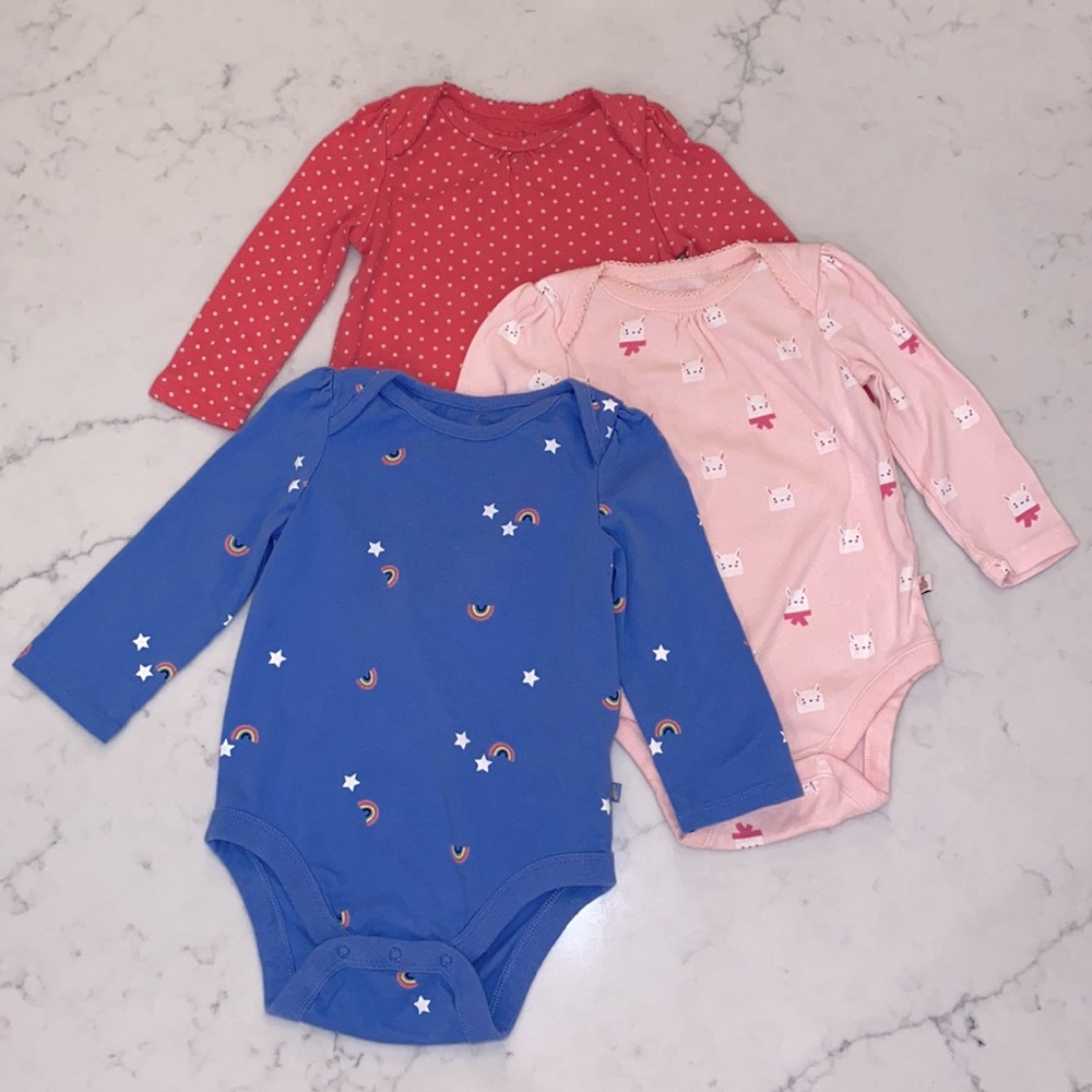 EUC THREE 3 Gap Baby Girl’s Long Sleeve Bodysuits (12-18m)